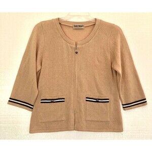 Vintage Women’s San Remo Laura Knits Cardigan Sweater M Full Zip Tan 3/4 Sleeve